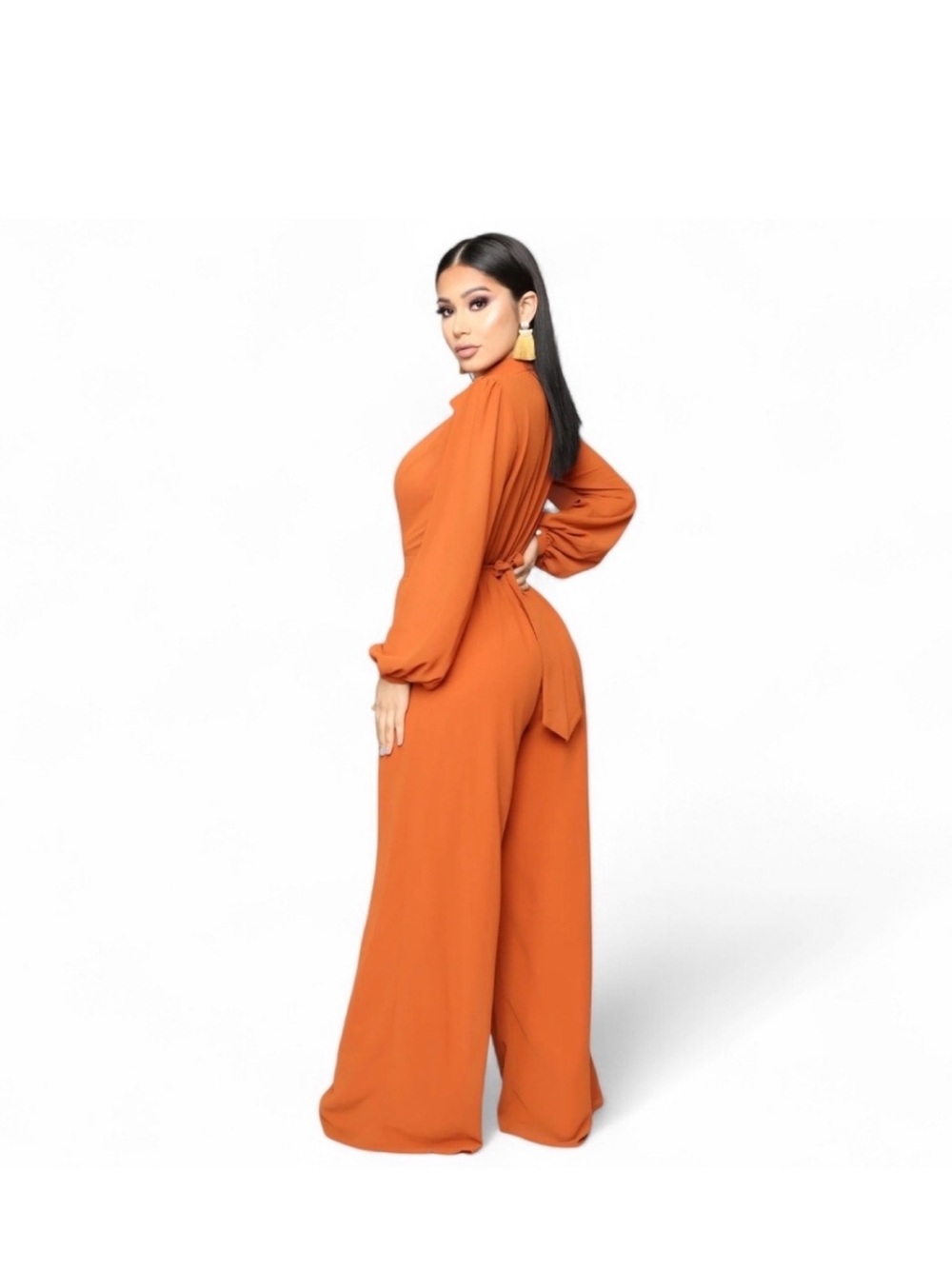 Fashion Nova Cognac Button-Front Long Sleeve jumpsuit with Waist Tie
